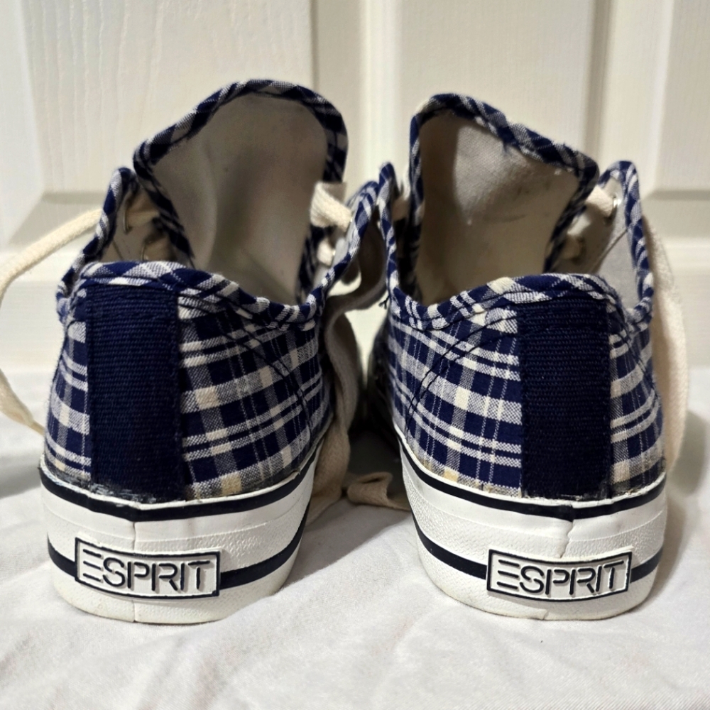 Y2K ESPRIT Plaid Converse Style Low-Top Sneakers, Navy & White, Lace-Up, Sz 7.5. - Picture 5 of 8